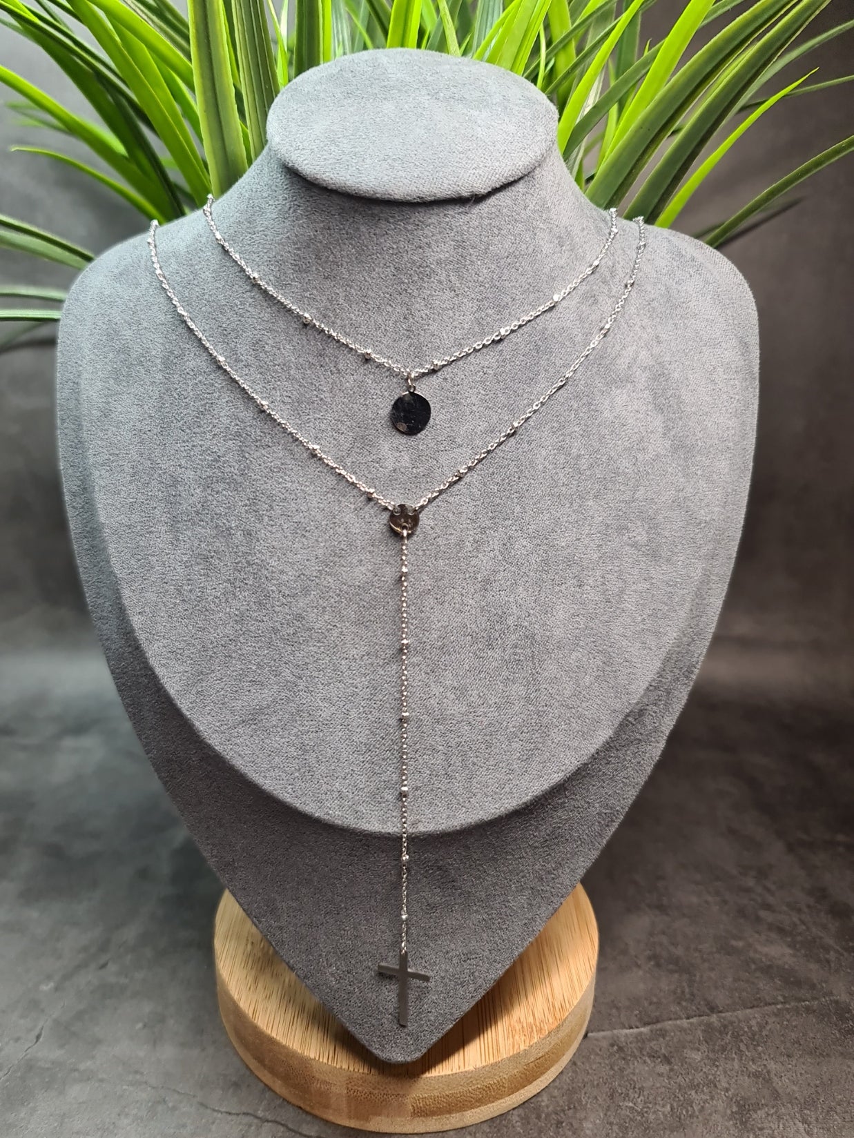 Cross, tie, double necklace - silver image 0