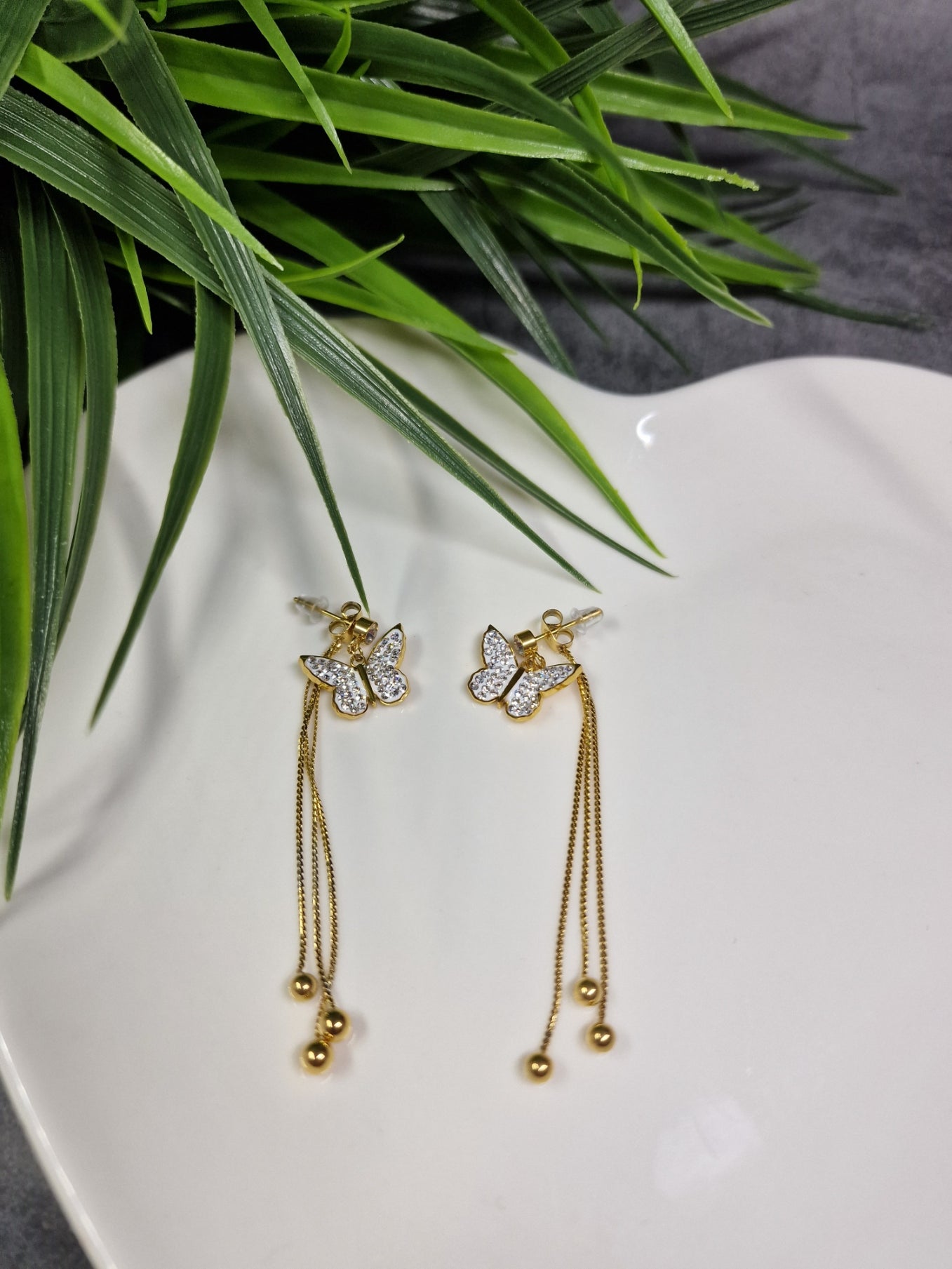 Butterfly, stud drop, rhinestones earrings image 0